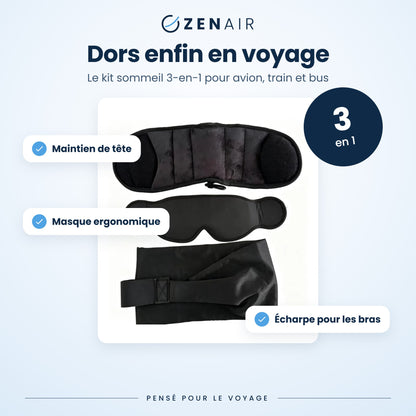 Kit sommeil de voyage ZENAIR 3-en-1 : maintien de tête, masque et écharpe pour les bras