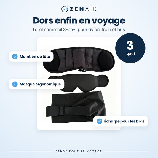 Kit sommeil de voyage ZENAIR 3-en-1 : maintien de tête, masque et écharpe pour les bras