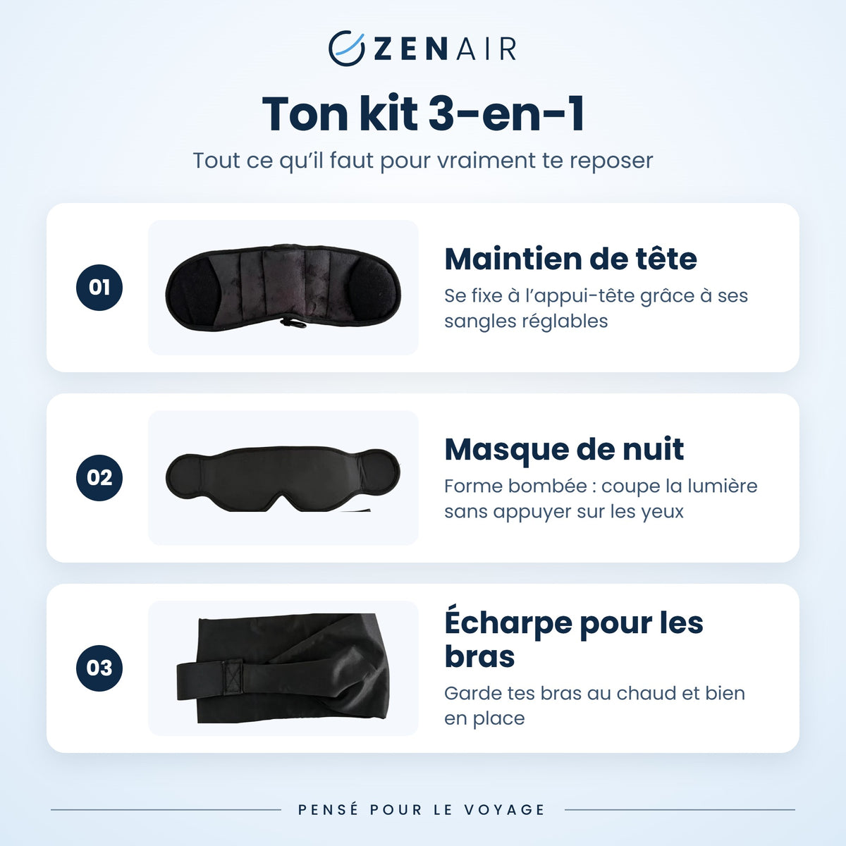 Contenu du kit ZENAIR : maintien de tête, masque de nuit, écharpe pour les bras