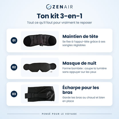 Contenu du kit ZENAIR : maintien de tête, masque de nuit, écharpe pour les bras